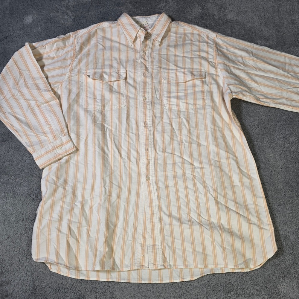 Saratoga Mens L Button Down Shirt Peach White‎ Striped Cotton Long Sleeve Pocket